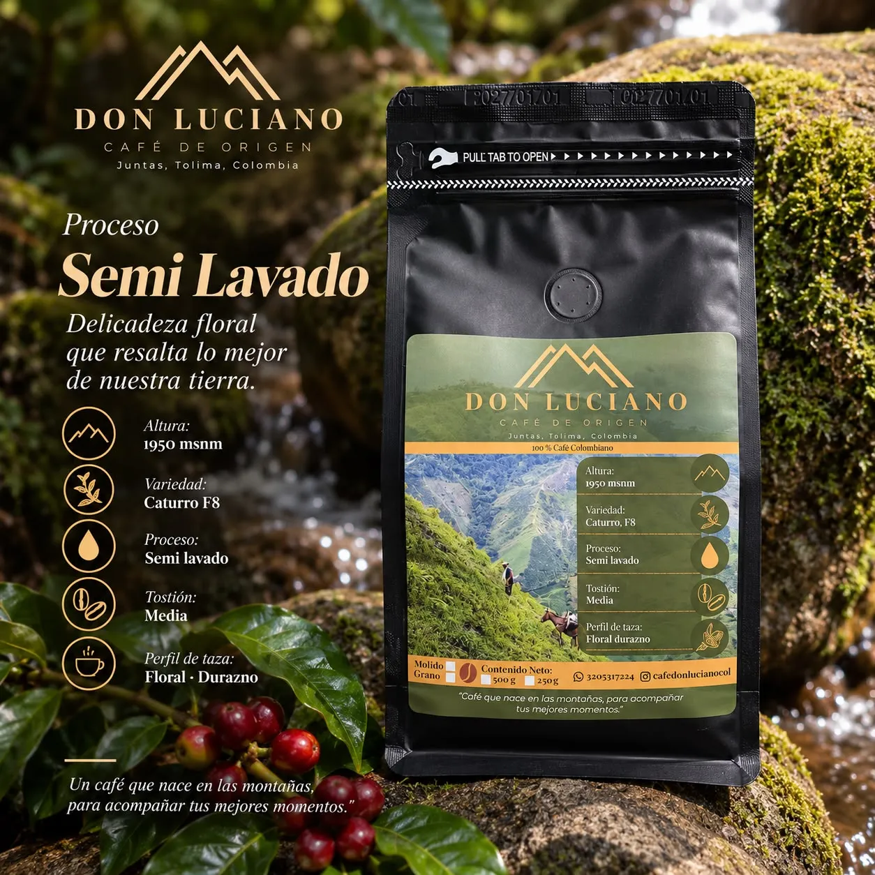 Bolsa de Café Don Luciano proceso Semilavado sobre una piedra con musgo junto a un arroyo, con su ficha de altura, variedad, proceso, tostión y perfil de taza.