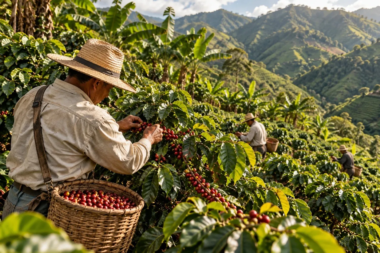 Un caficultor coge cerezas rojas maduras de la mata, con el canasto lleno a la cintura y las montañas al fondo.