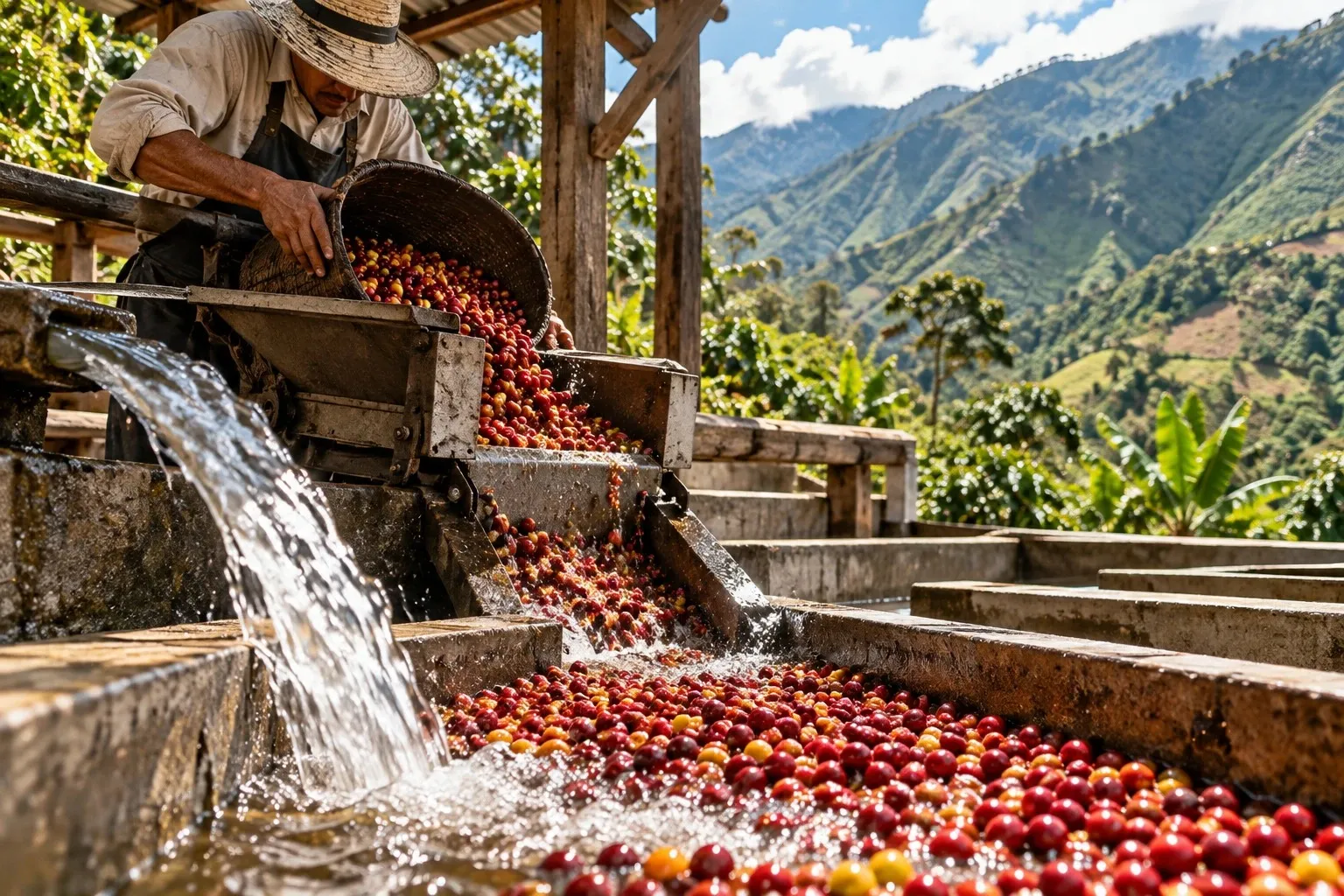 Un caficultor vacía un canasto de cerezas en la despulpadora, con agua de montaña corriendo por el tanque.
