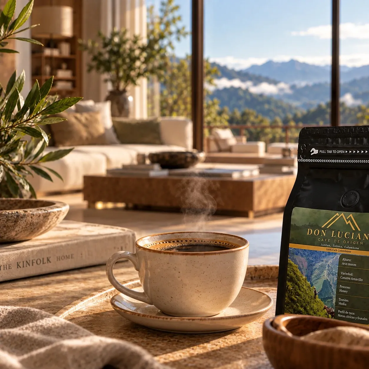 Una taza de café humeante junto a la bolsa de Café Don Luciano en una sala iluminada, con vista a las montañas.